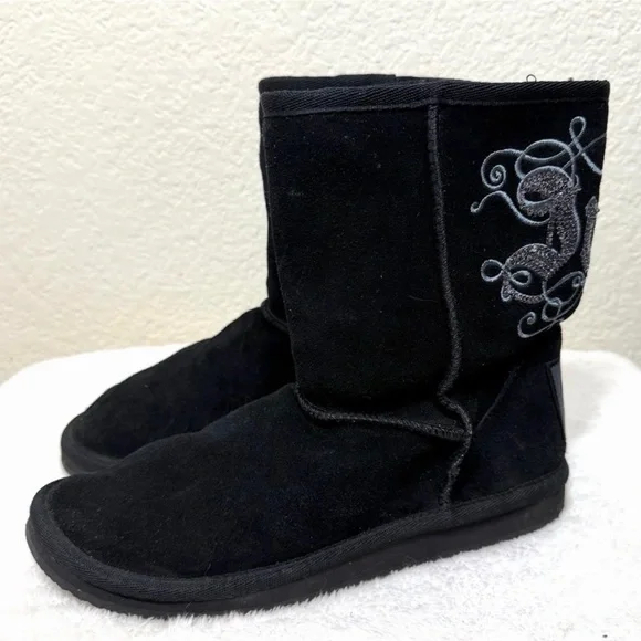 Juicy Couture Black Suede Boots Silver Sequin Juicy back faux fur lined Size 8 - Picture 12 of 12
